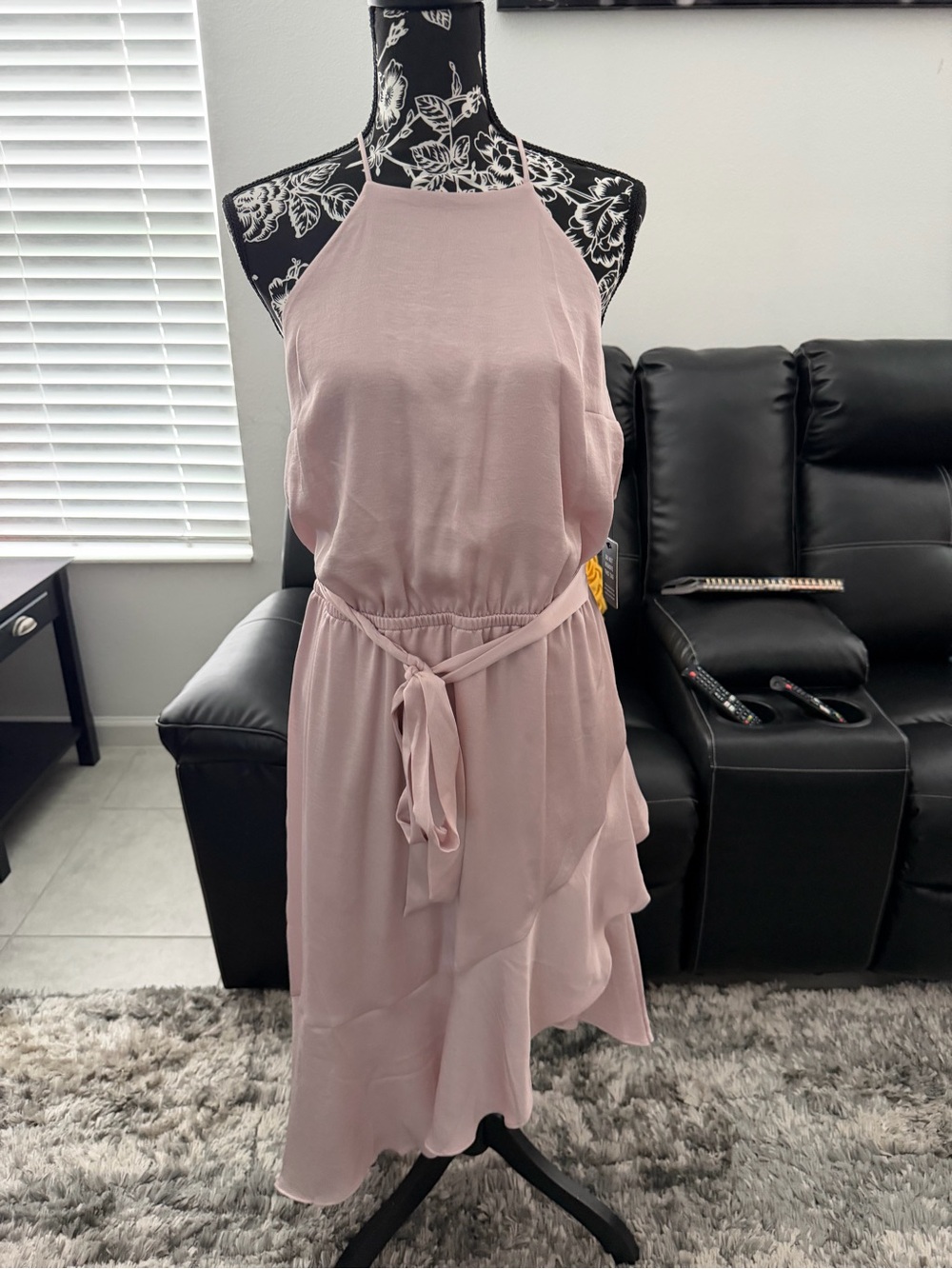 Express Blush Halter High-Low Midi Dress with Waist Tie